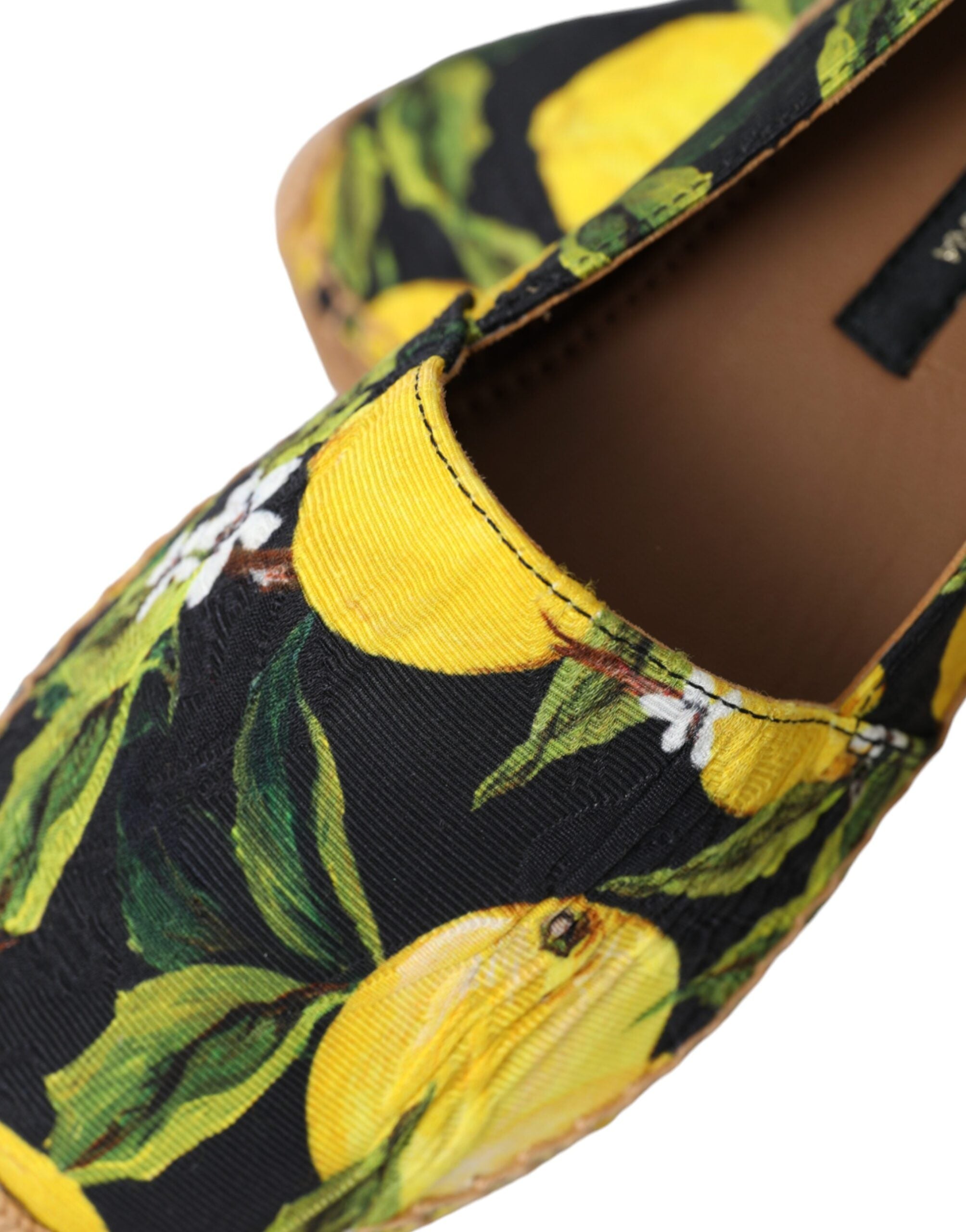 Multicolor lemon slip-on espadrilles shoes by Dolce & Gabbana with woven fabric and rubber soles, featuring vibrant lemon patterns.
