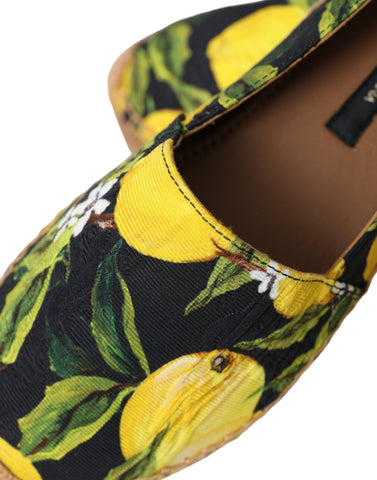 Multicolor lemon slip-on espadrilles shoes by Dolce & Gabbana with woven fabric and rubber soles, featuring vibrant lemon patterns.