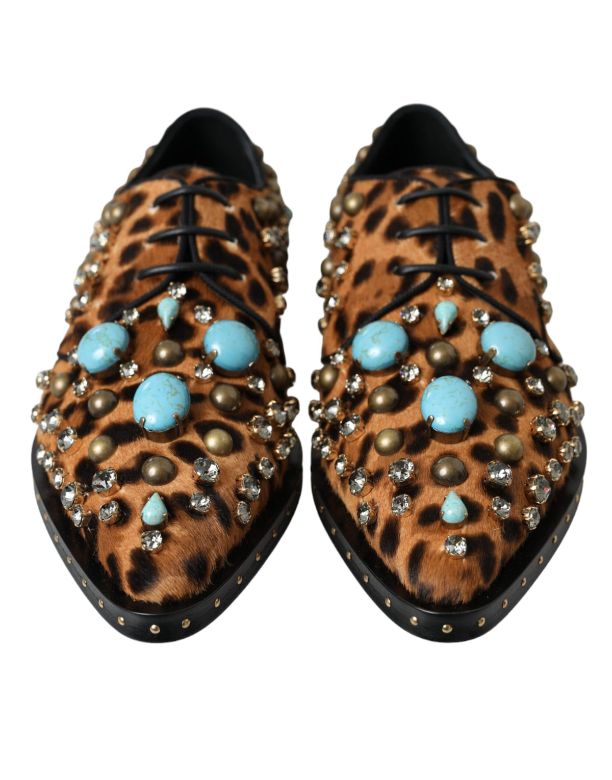 Brown leopard print crystal-embellished dress brogue shoes by Dolce & Gabbana, featuring a stylish and intricate design.