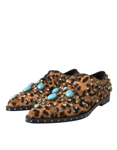 Brown leopard print crystal-embellished dress brogue shoes by Dolce & Gabbana with stylish design and detailed craftsmanship.