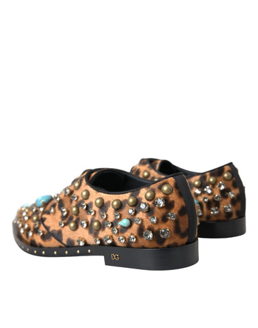 Brown leopard print crystal-embellished brogue shoes by Dolce & Gabbana, featuring classic design and textured leather finish.