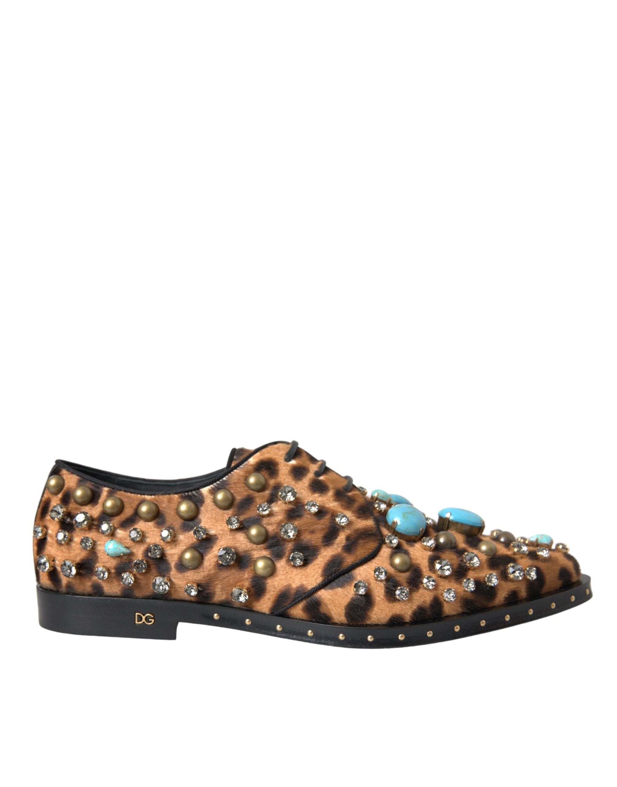 Brown leopard print crystal-embellished brogue shoes by Dolce & Gabbana with a classic lace-up design and stylish detailing.