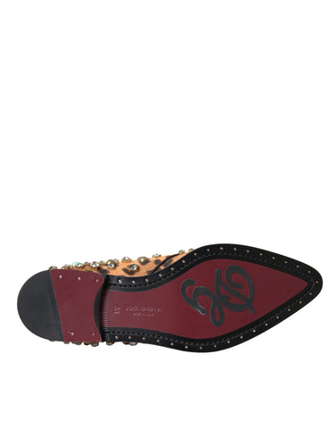 Brown leopard print crystal-embellished brogue shoes by Dolce & Gabbana, featuring a stylish leather design.