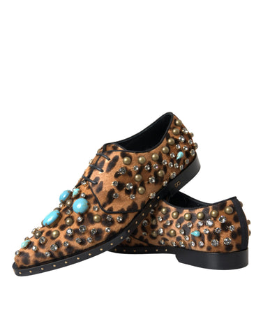 Brown leopard print crystal dress brogue shoes by Dolce & Gabbana, featuring detailed crystal embellishments and classic brogue design.