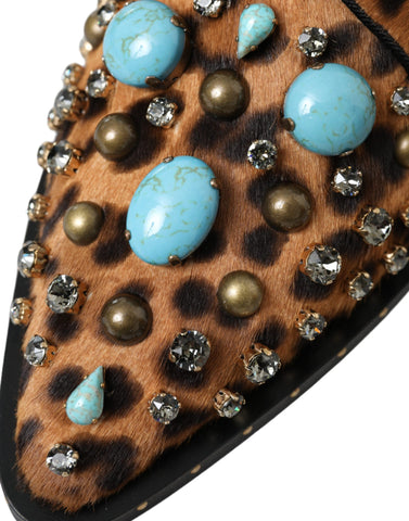 Brown leopard print crystal dress brogue shoes by Dolce & Gabbana with intricate detailing and stylish design.