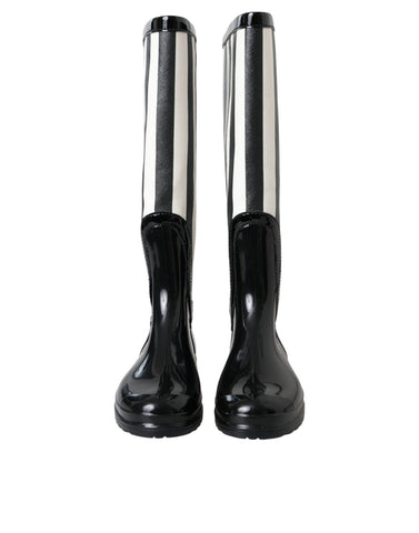 Black Rubber Knee High Flat Boots Shoes
