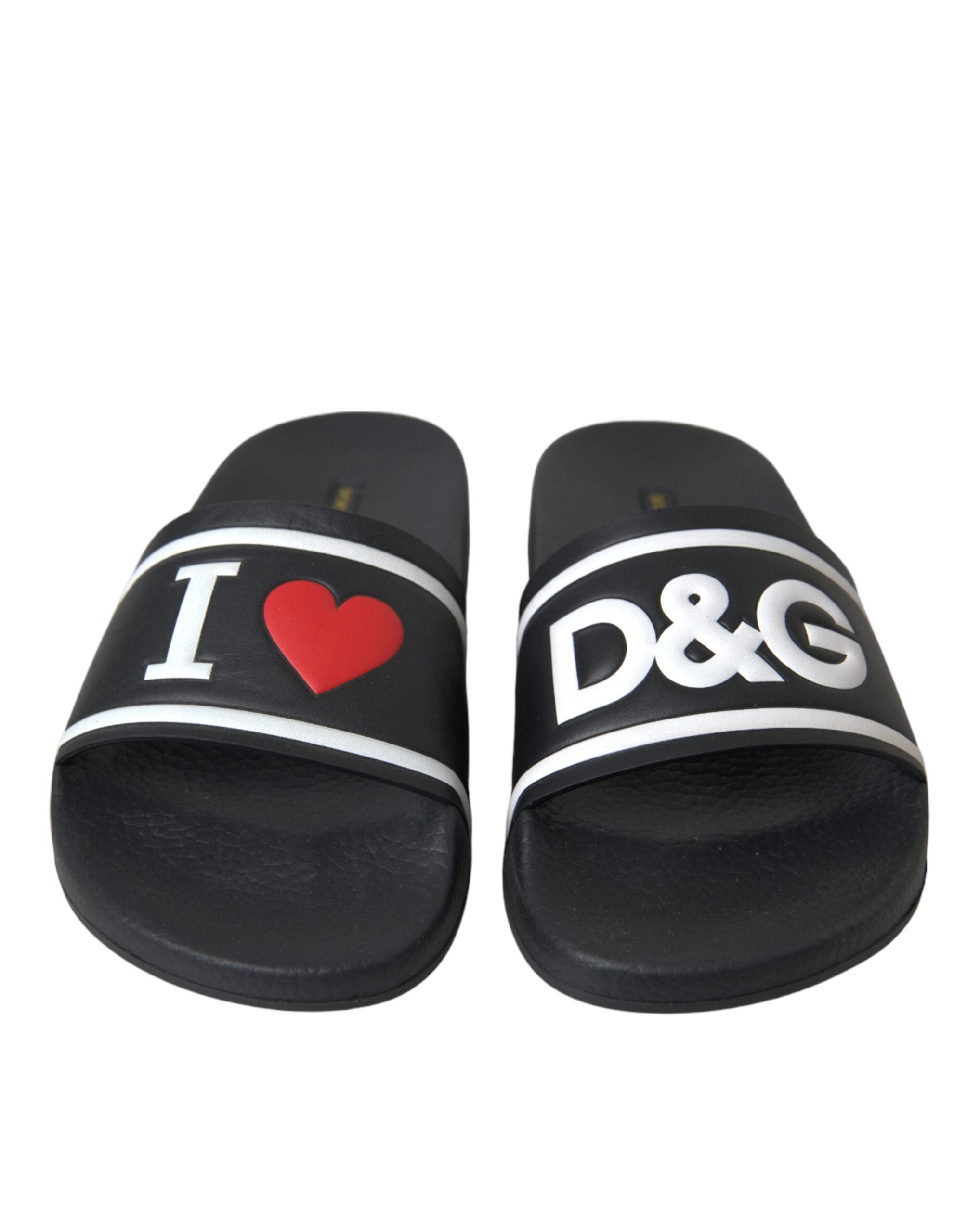 Black Leather I Love D&amp;G Sandals Slides Shoes - Jag Couture London