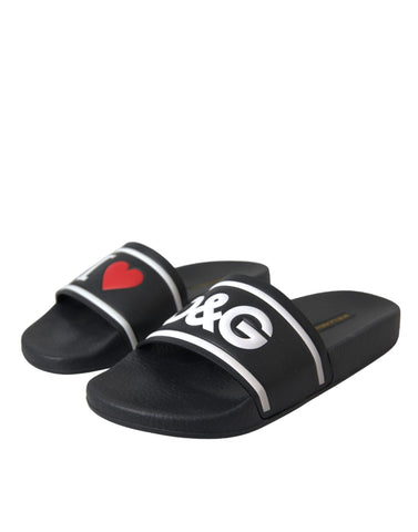 Black Leather I Love D&amp;G Sandals Slides Shoes