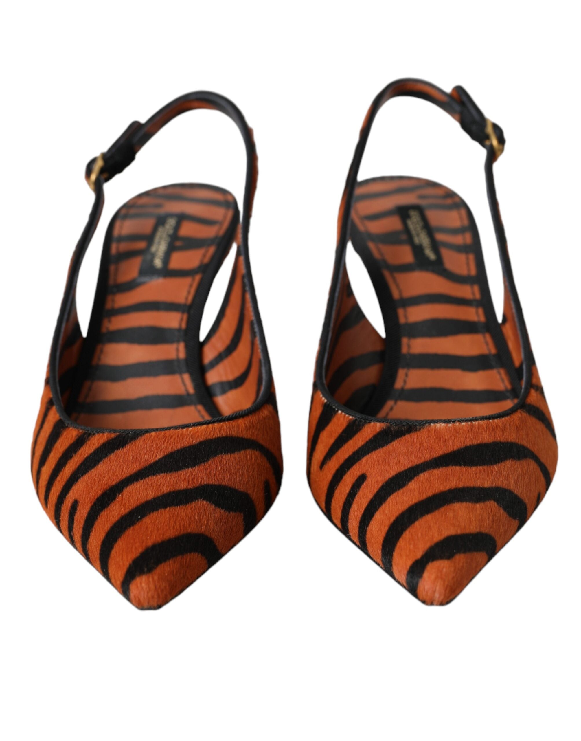 Black orange zebra leather slingback shoes by Dolce & Gabbana featuring pointed toes and stylish design.