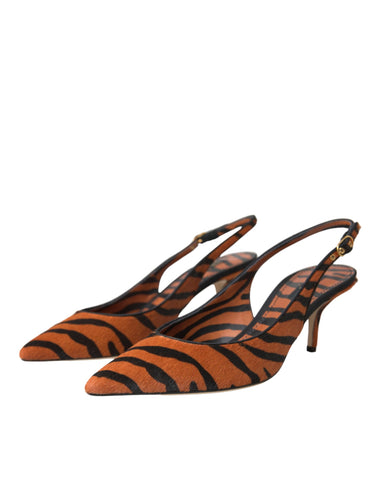 Black and orange zebra leather slingback shoes by Dolce & Gabbana featuring pointed toes and stylish heel detail.