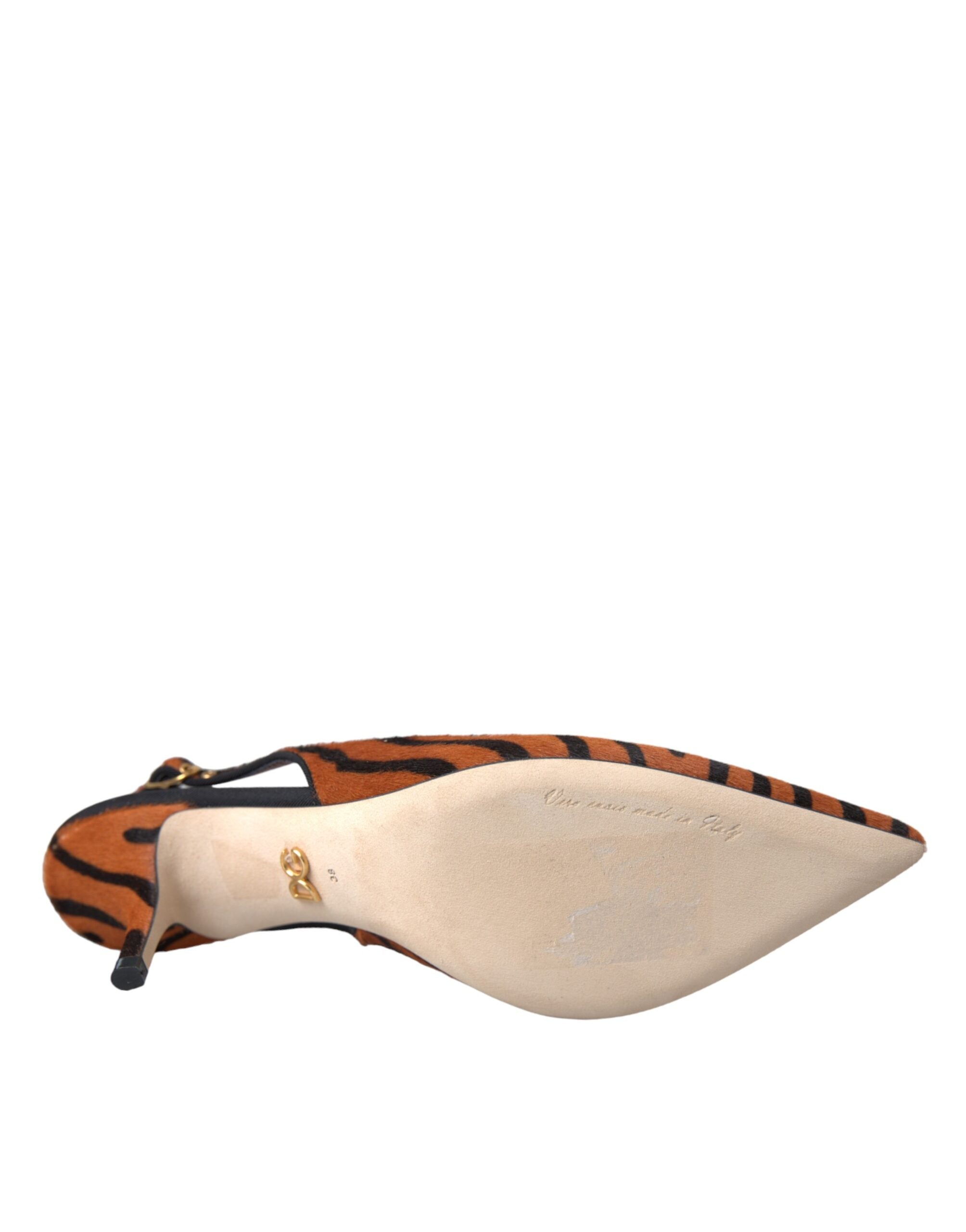 Black and orange zebra print leather slingback shoes by Dolce & Gabbana with pointed toes and ankle straps.
