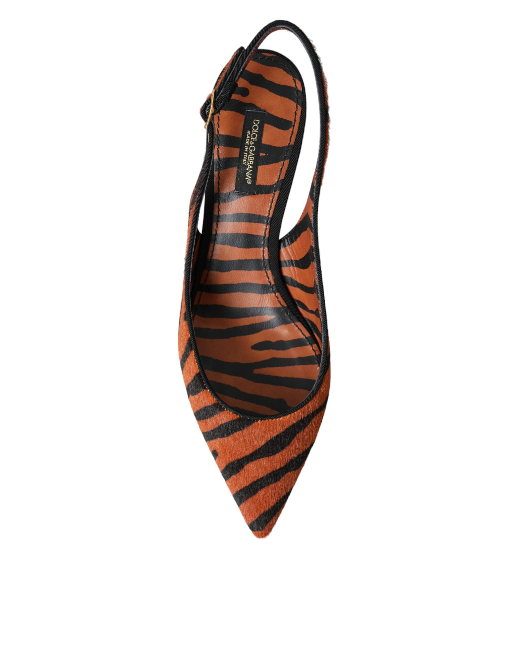 Black and orange zebra leather slingback shoes by Dolce & Gabbana with pointed toes and stylish ankle straps.
