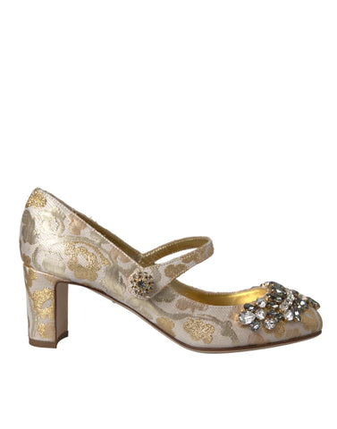Dolce & Gabbana gold jacquard crystal Mary Jane pumps with elegant design and decorative details.