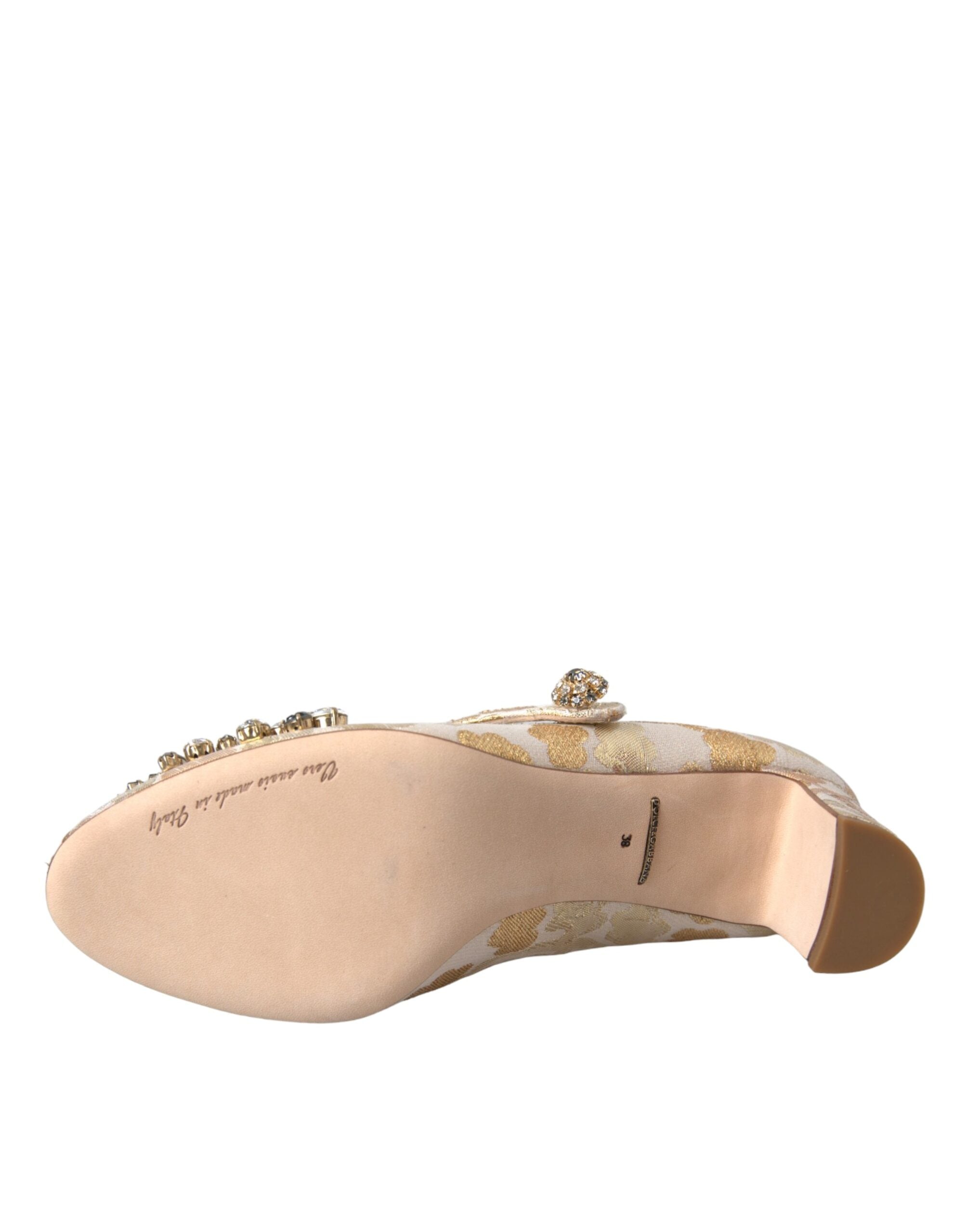 Gold Jacquard Crystal Mary Janes pumps by Dolce & Gabbana with intricate woven pattern and sparkling crystal accents.
