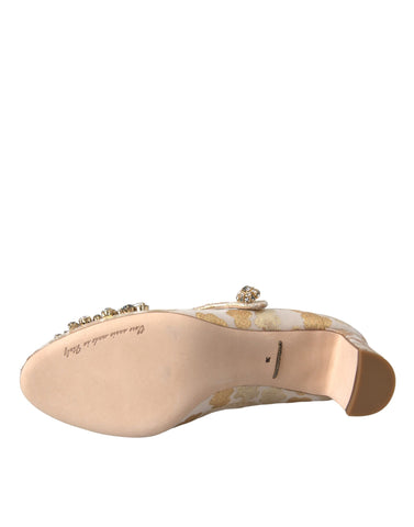 Gold Jacquard Crystal Mary Janes pumps by Dolce & Gabbana with intricate woven pattern and sparkling crystal accents.