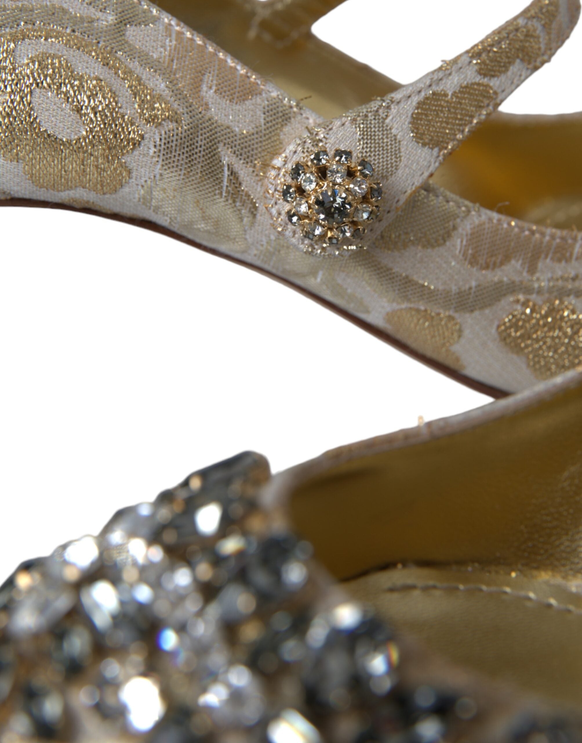 Gold Jacquard Crystal Mary Janes pumps shoes by Dolce & Gabbana with elegant floral pattern and crystal embellishments.