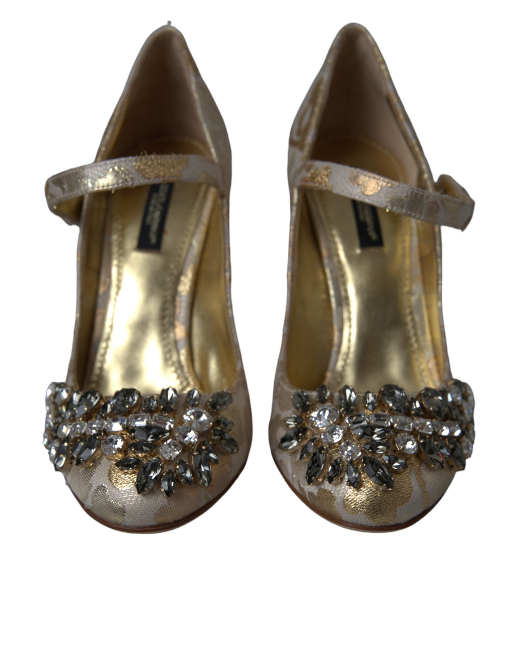 Gold Jacquard Crystal Mary Janes pumps by Dolce & Gabbana with decorative crystal embellishments and elegant design.