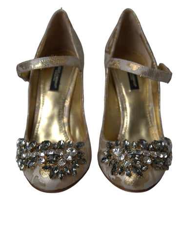 Gold Jacquard Crystal Mary Janes pumps by Dolce & Gabbana with decorative crystal embellishments and elegant design.