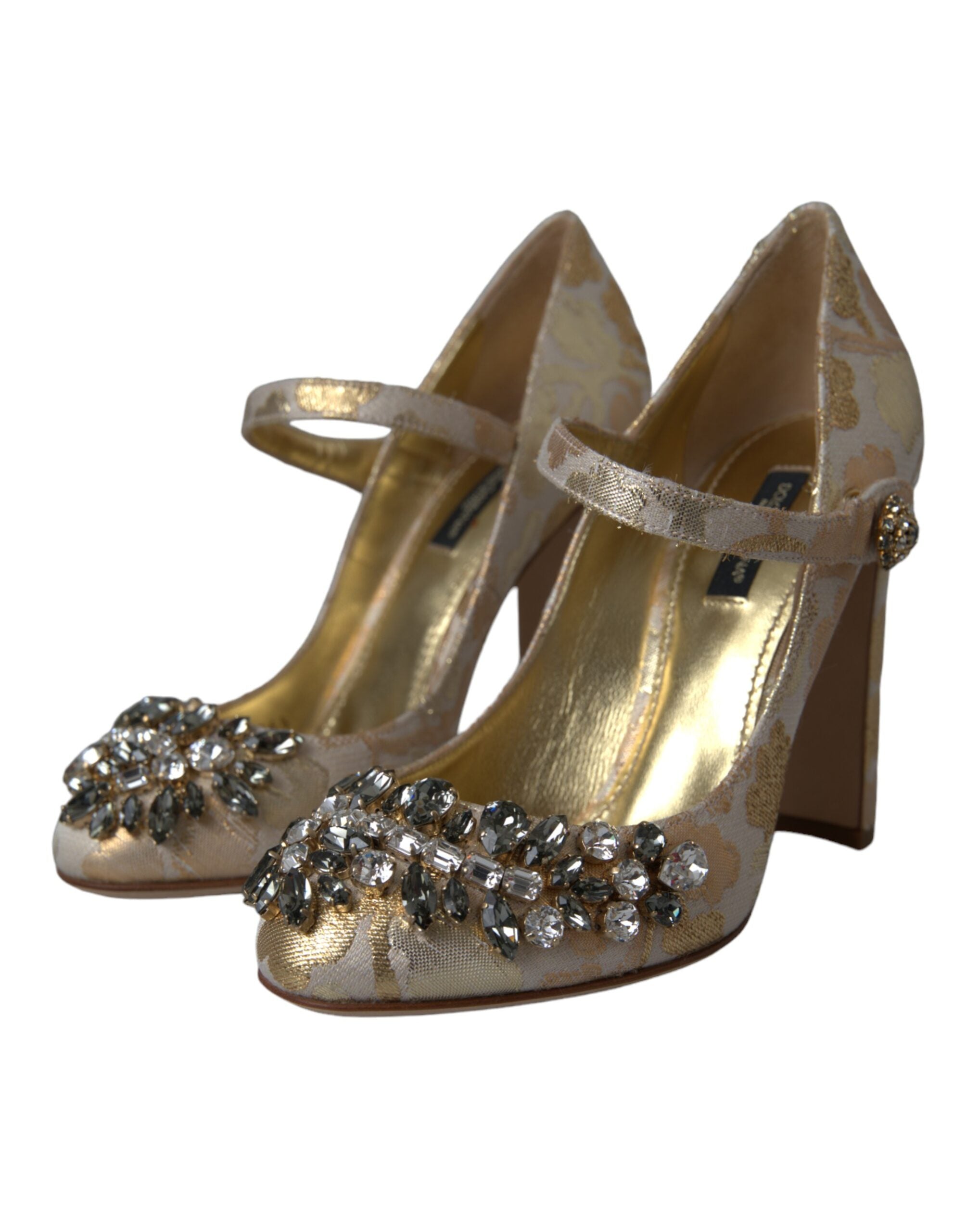 Dolce & Gabbana gold jacquard crystal Mary Jane pumps with elegant strap and decorative embellishments.