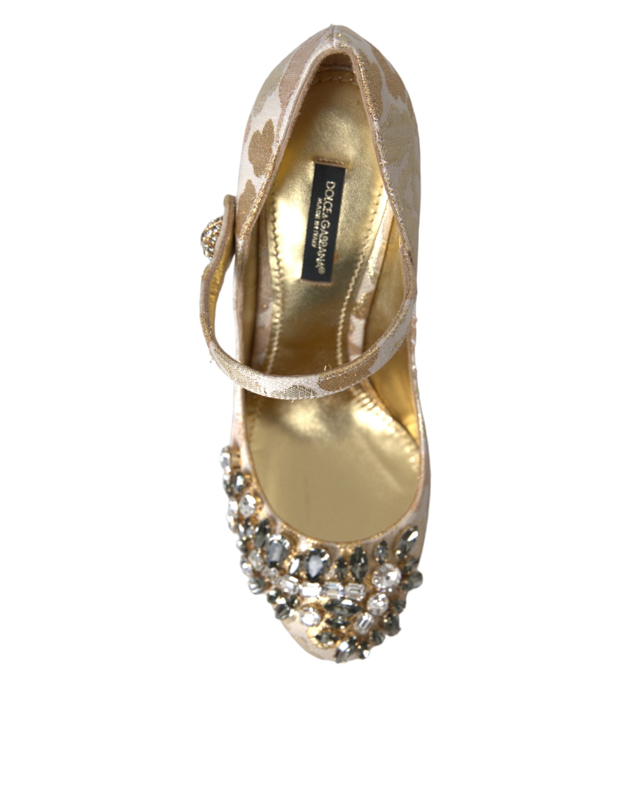 Gold Jacquard Crystal Mary Jane pumps by Dolce & Gabbana, featuring elegant design with crystal embellishments and a classic Mary Jane style.