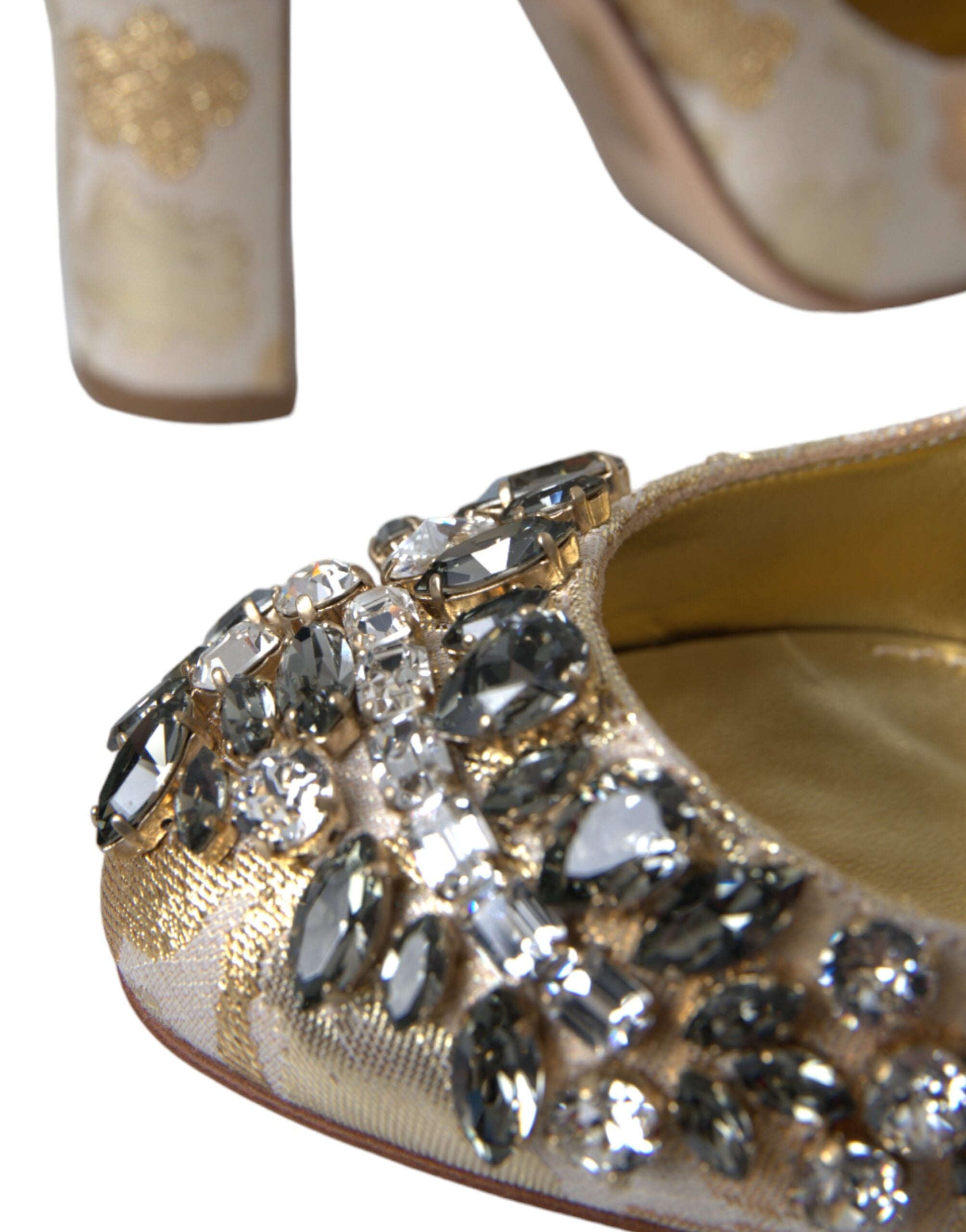 Dolce & Gabbana gold jacquard crystal Mary Jane pumps with elegant strap and decorative embellishments.