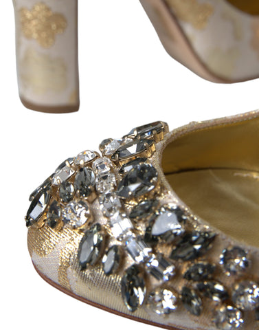 Dolce & Gabbana gold jacquard crystal Mary Jane pumps with elegant strap and decorative embellishments.