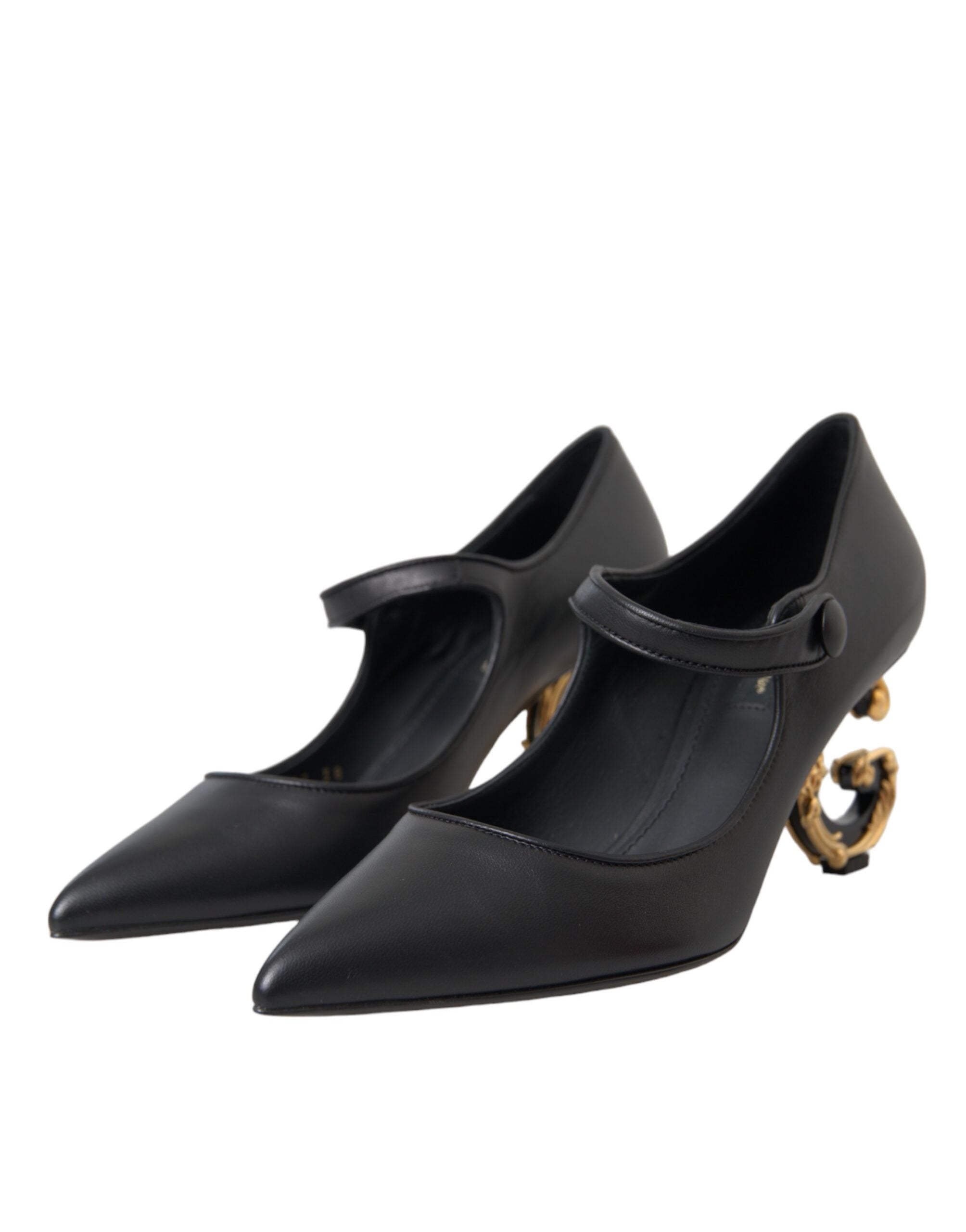 Dolce & Gabbana black leather Mary Jane heels with logo detail, stylish pump shoes with rounded toe and ankle strap.