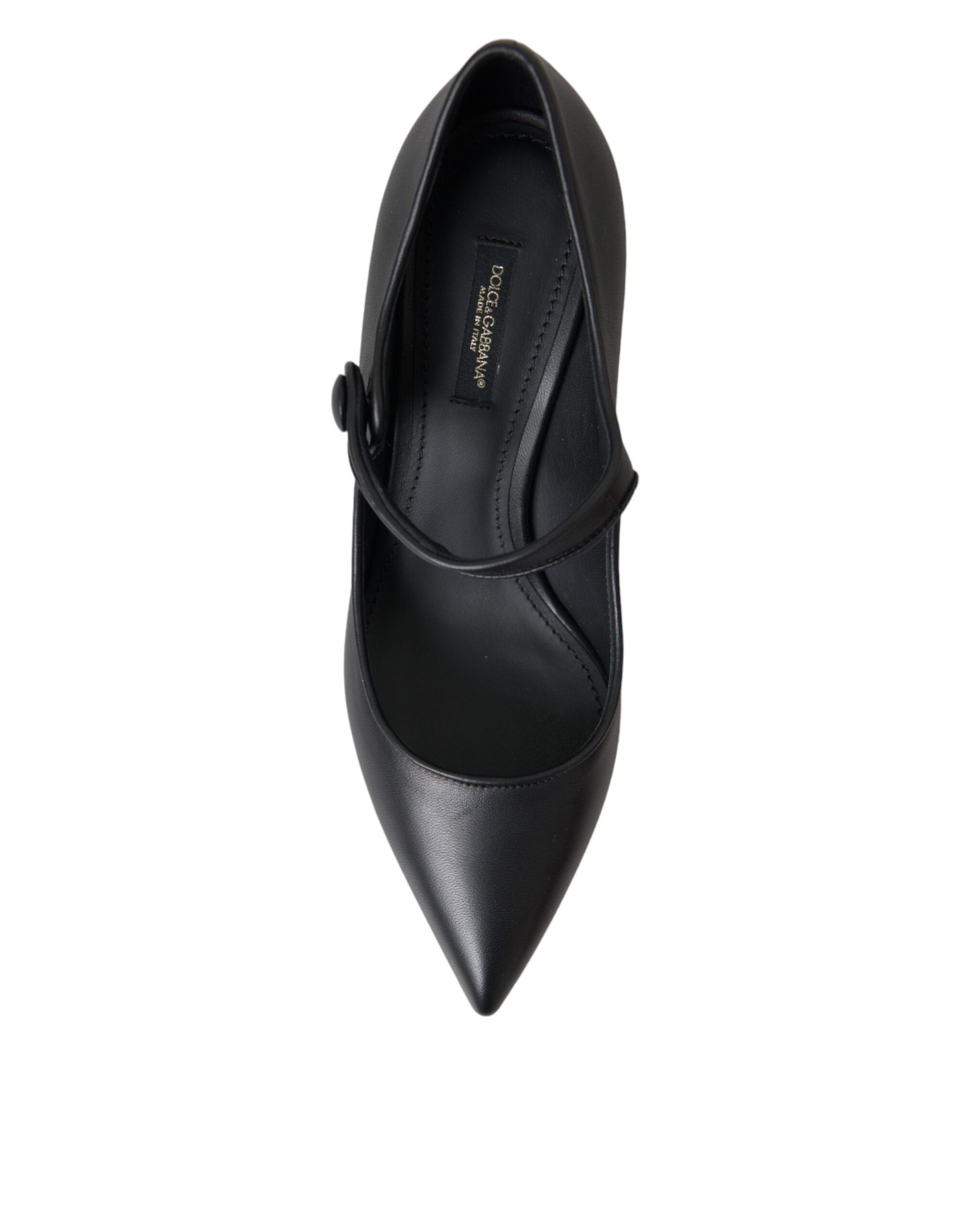 Black leather Dolce & Gabbana Mary Jane pumps with logo detail and rounded toe, stylish heels for women.