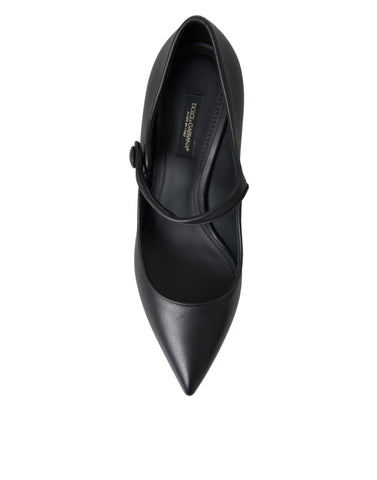 Black leather Dolce & Gabbana Mary Jane pumps with logo detail and rounded toe, stylish heels for women.
