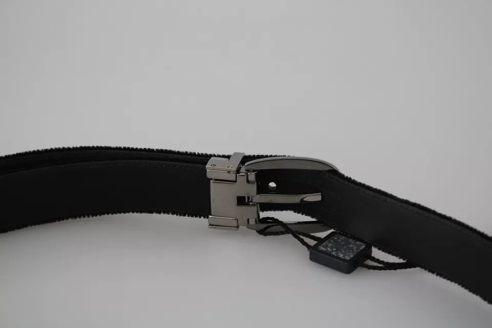 Black velvet men's belt with silver-tone metal buckle from Dolce & Gabbana, featuring a sleek and stylish design.