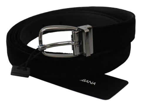 Black velvet men's belt with silver tone metal buckle by Dolce & Gabbana, featuring a sleek and stylish design.
