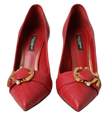 Red Devotion leather heels by Dolce & Gabbana, stylish pointed pumps with sleek design and elegant ankle straps.
