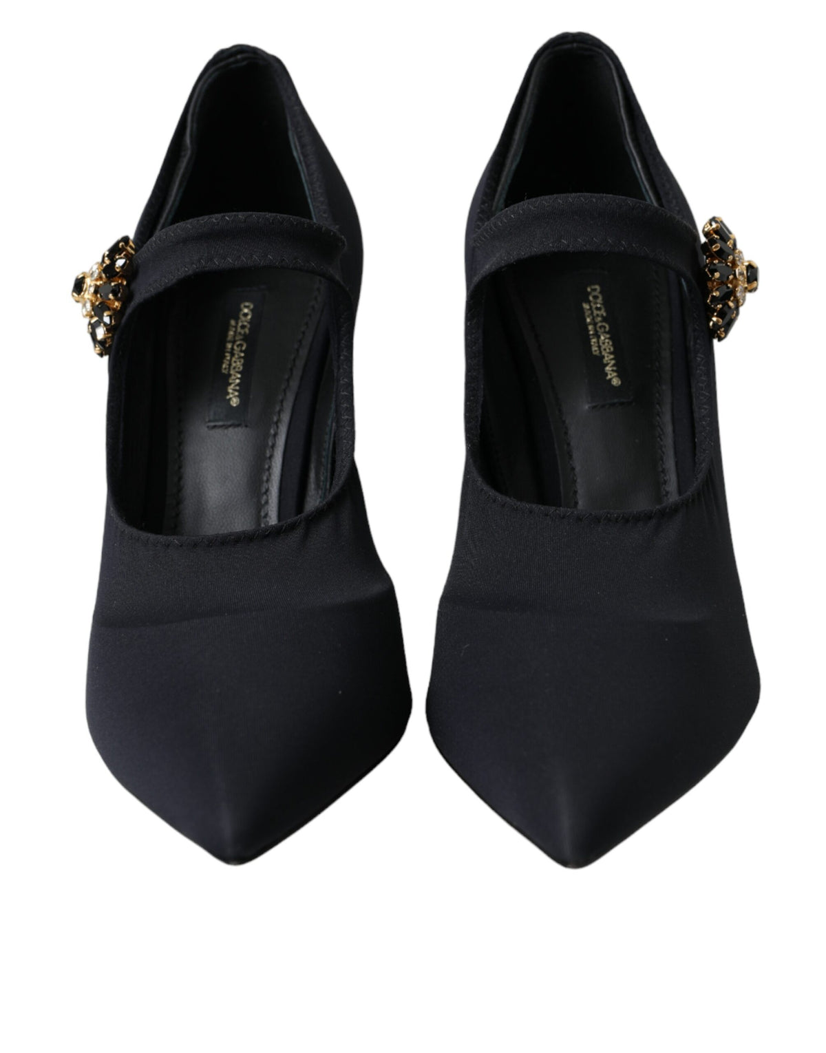 Black Mary Jane Jersey Crystal Pumps Shoes by Dolce & Gabbana featuring crystal embellishments and a classic slip-on design.