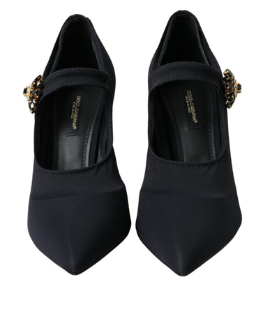 Black Mary Jane Jersey Crystal Pumps Shoes by Dolce & Gabbana featuring crystal embellishments and a classic slip-on design.