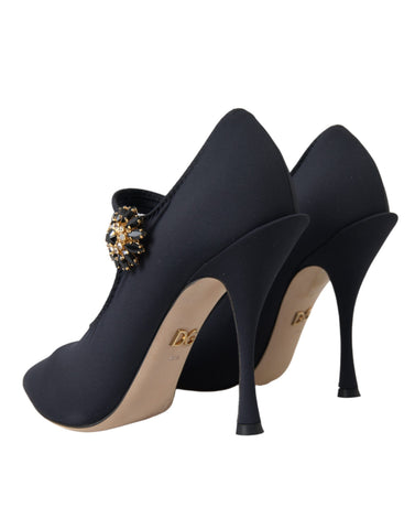 Black Mary Jane Jersey Crystal Pumps by Dolce & Gabbana, featuring a classic design with crystal embellishments and a comfortable heel.