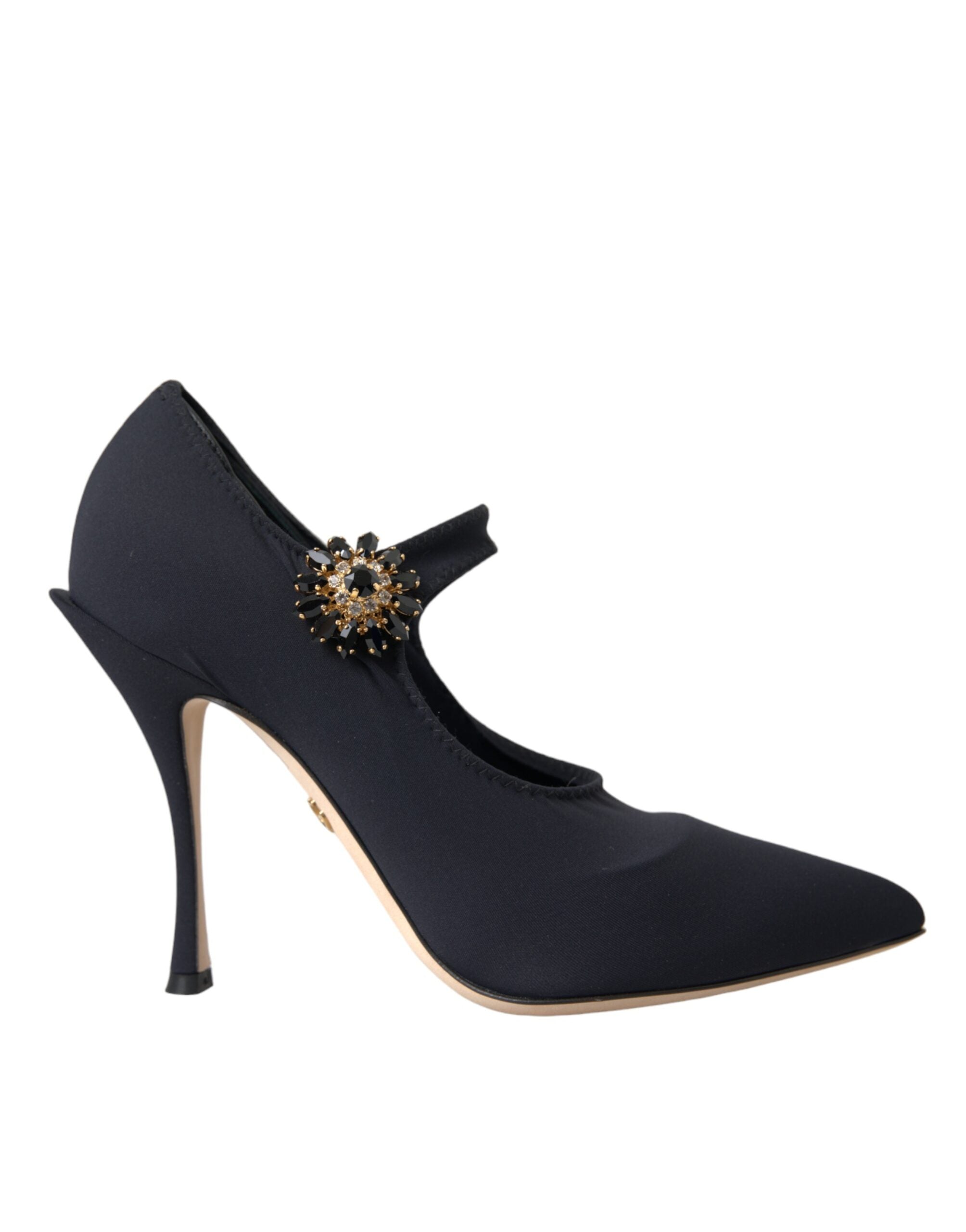 Black Mary Jane Jersey Crystal Pumps by Dolce & Gabbana, featuring elegant straps and sparkling crystal embellishments.