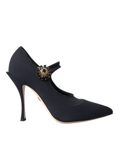 Black Mary Jane Jersey Crystal Pumps by Dolce & Gabbana featuring satin finish, crystal embellishments, and classic strap design.