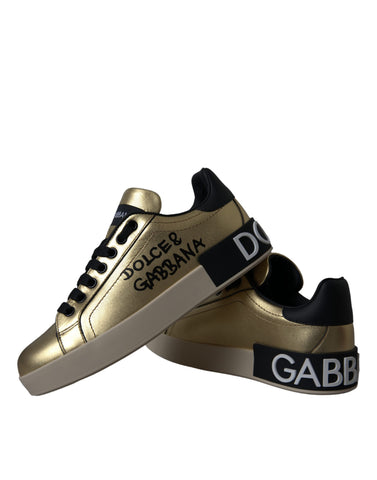 Gold Portofino calf leather sneakers for women by Dolce & Gabbana, featuring stylish design and comfortable fit.