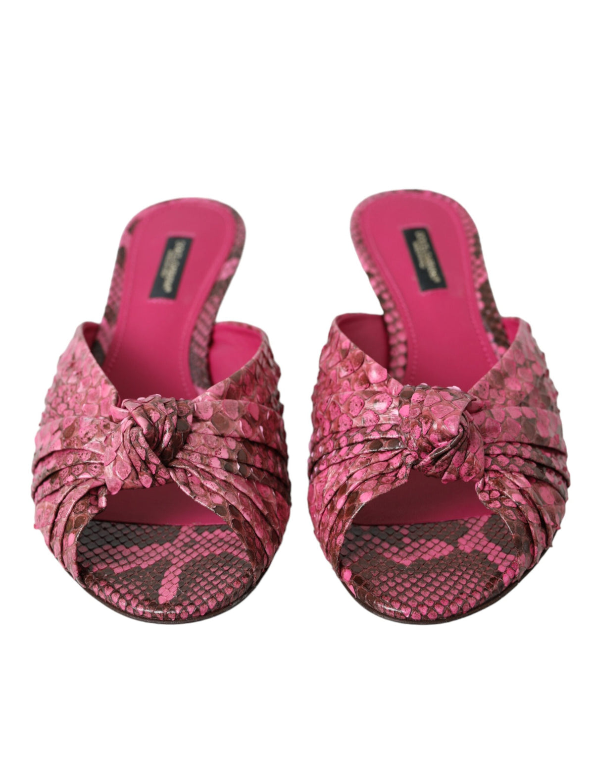 Pink exotic leather kitten heel slides shoes by Dolce & Gabbana with a sleek, stylish design and open-toe silhouette.