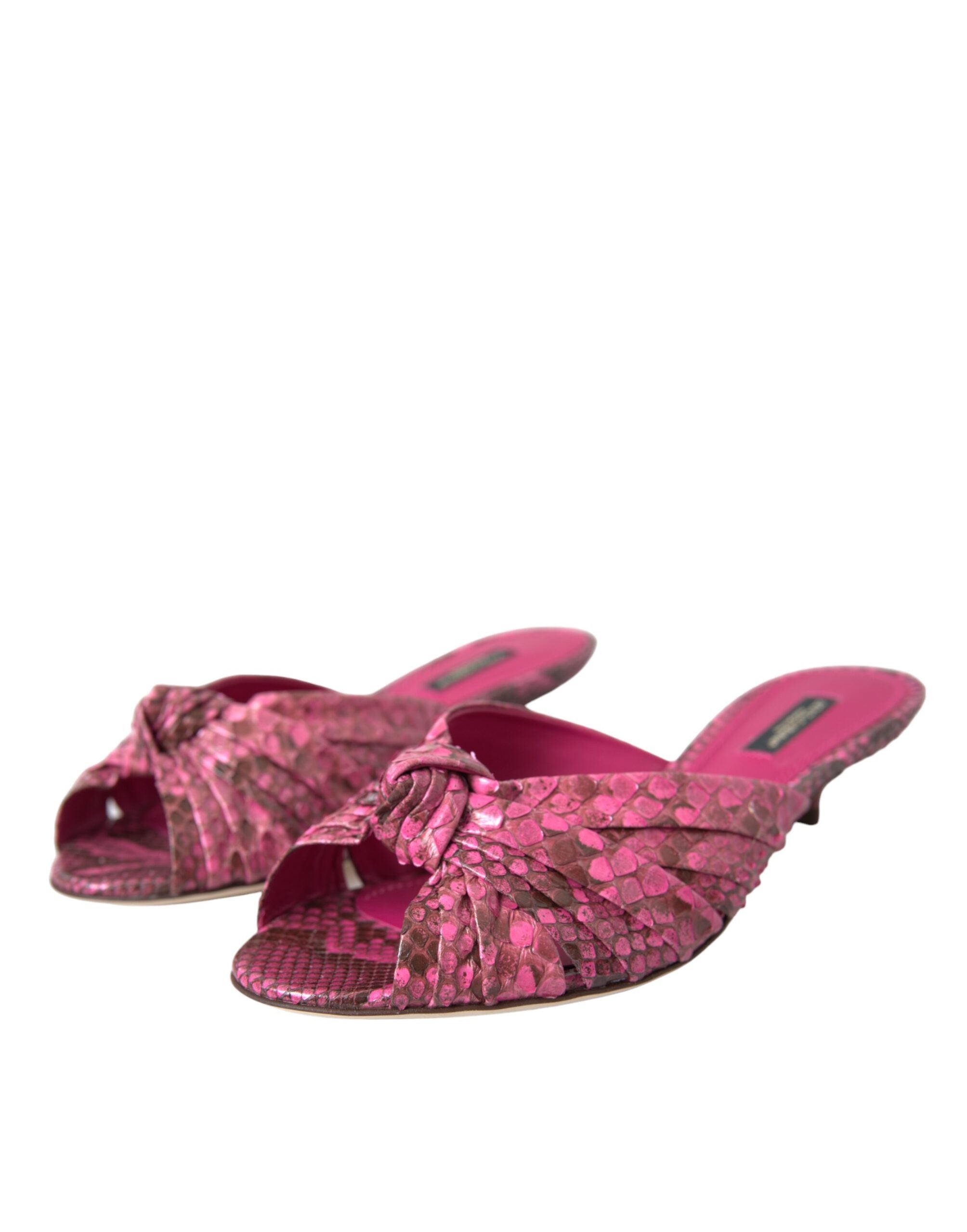 Pink Dolce & Gabbana exotic leather kitten heel slides shoes with open toe and slip-on design.