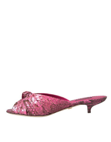 Pink exotic leather kitten heel slides shoes by Dolce & Gabbana, featuring sleek design and open-toe style.