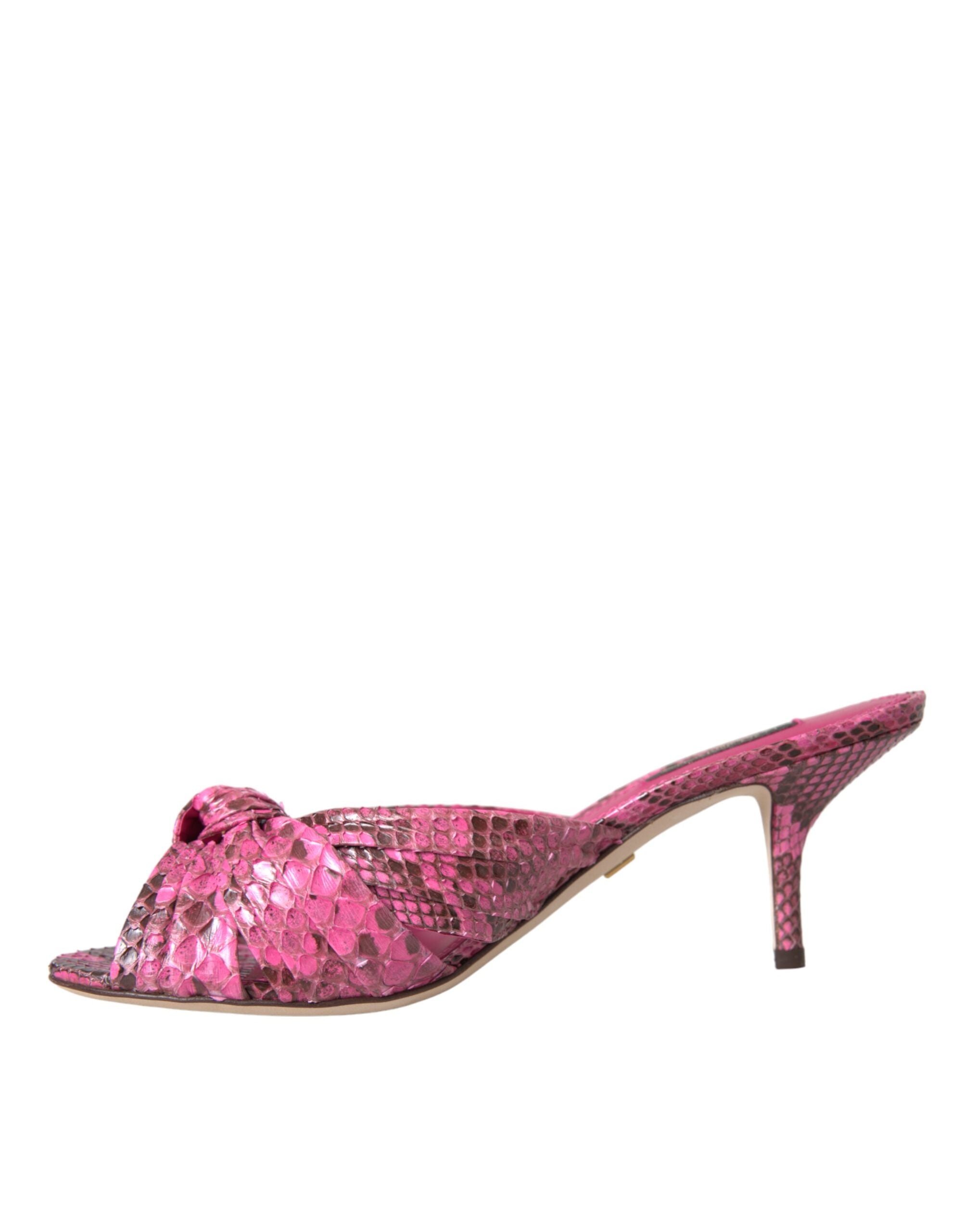 Pink exotic leather kitten heel slides shoes by Dolce & Gabbana with open toes and sleek design.