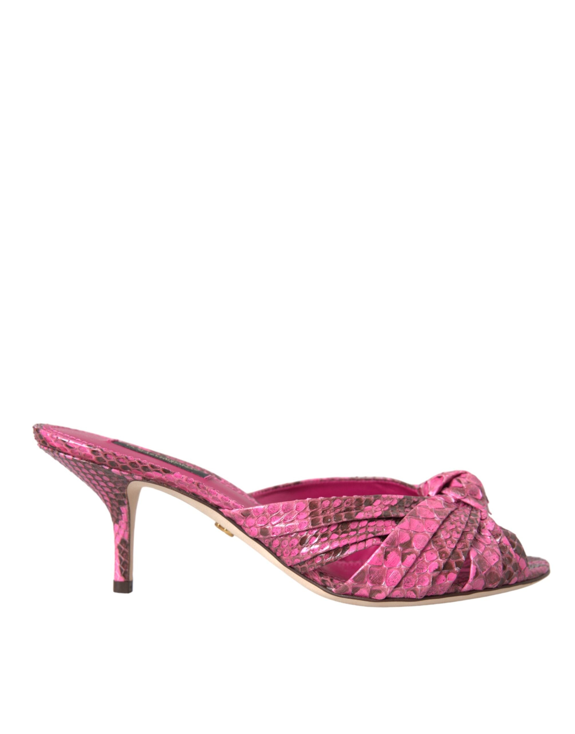 Pink exotic leather kitten heel slides shoes by Dolce & Gabbana with open toe and slip-on design.