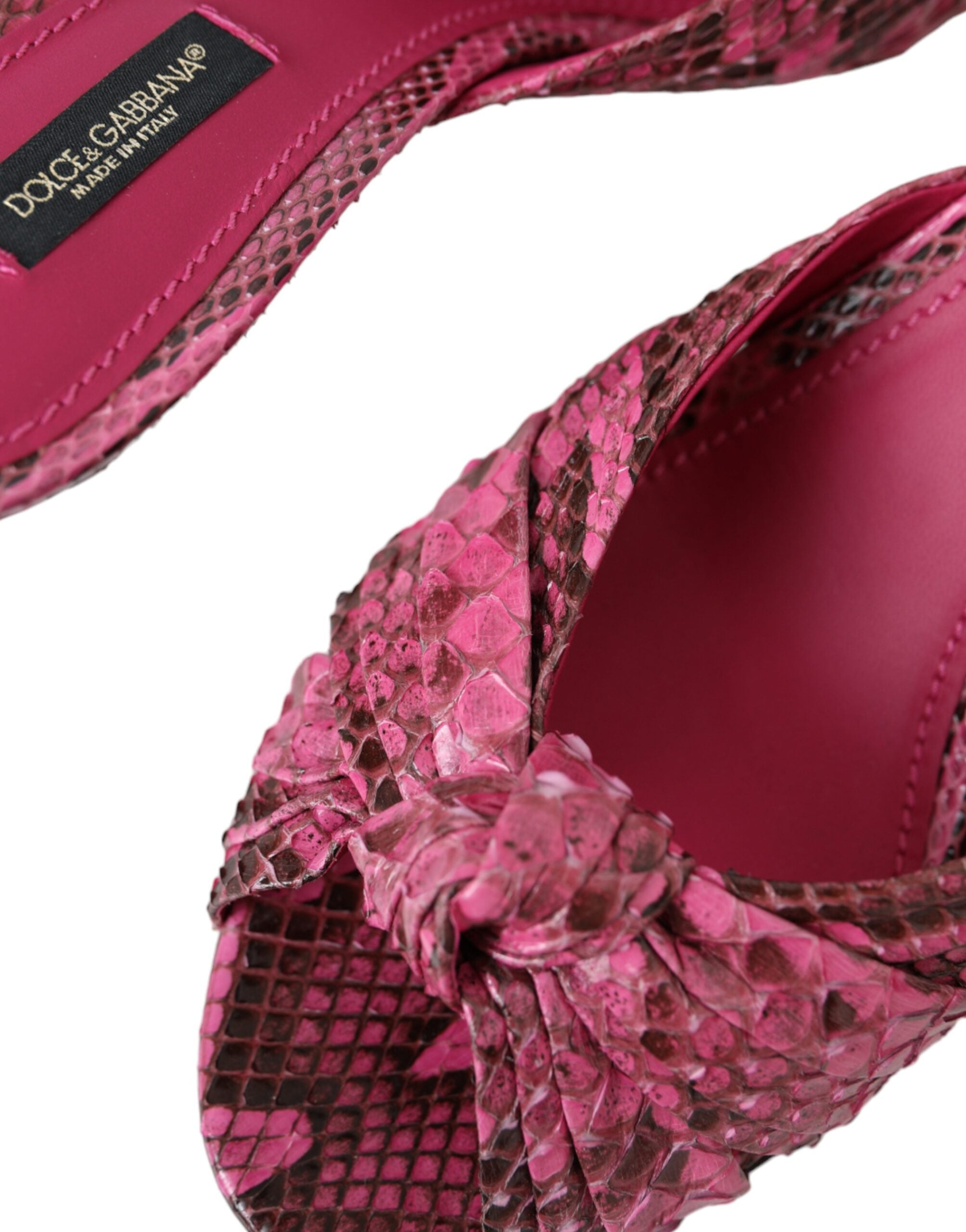 Pink exotic leather kitten heel slides shoes by Dolce & Gabbana, featuring a stylish open-toe design and sleek slip-on style.