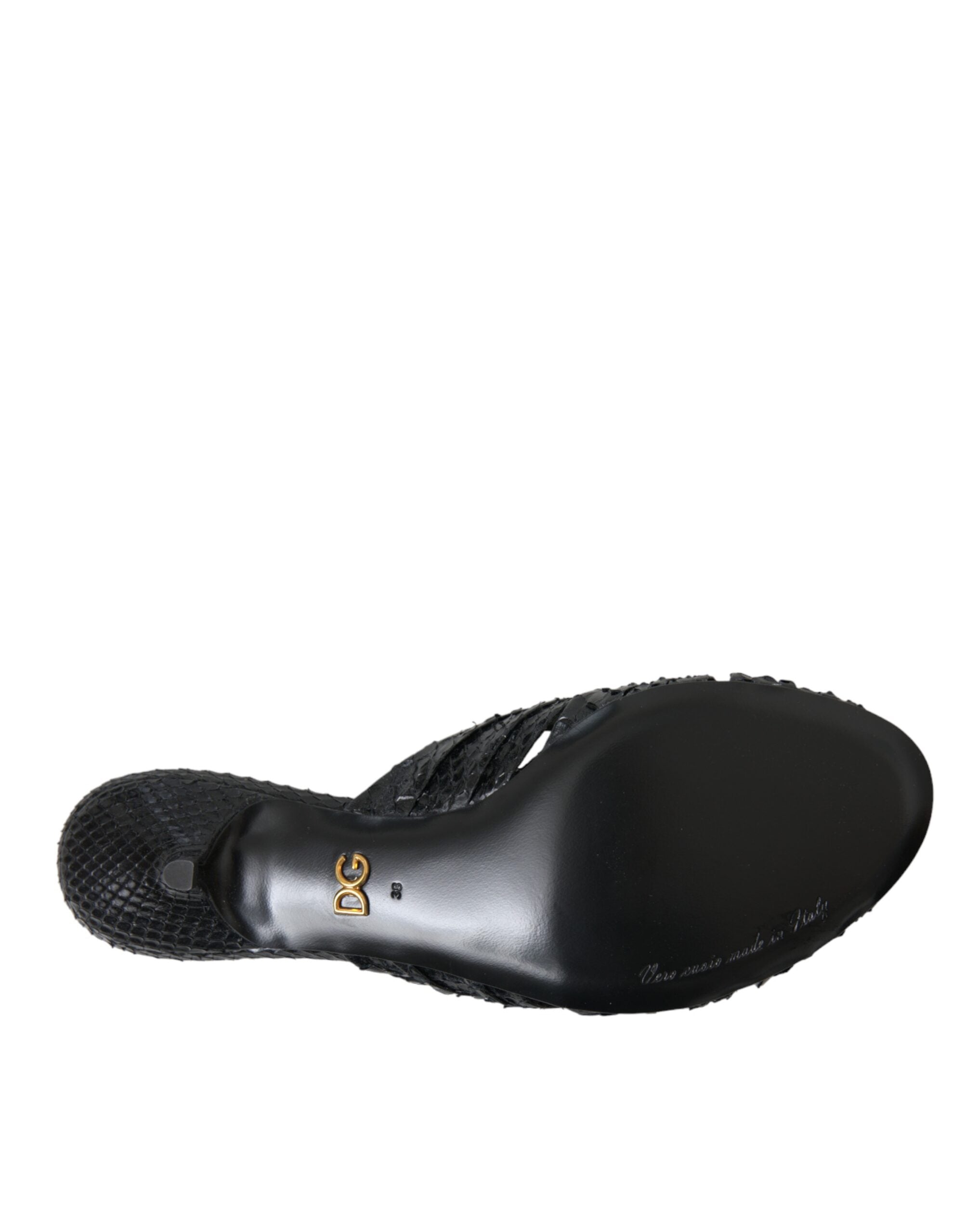 Dolce & Gabbana black exotic leather slide heels shoes with open toe and sleek design.