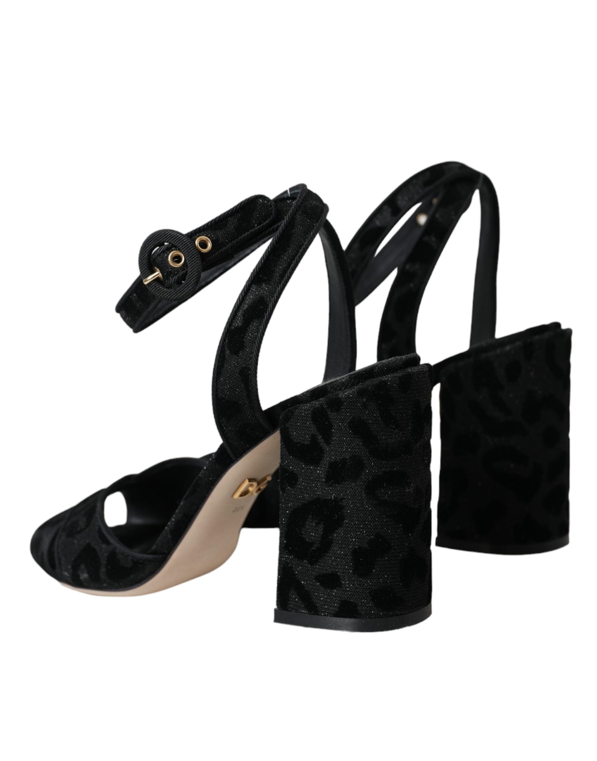 Dolce & Gabbana black leopard suede heels sandals with pointed toes and ankle straps, stylish women's footwear.