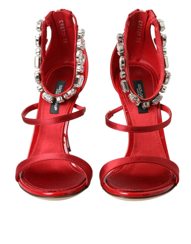 Red Keira satin crystal heels by Dolce & Gabbana featuring elegant strappy design and sparkling embellishments.
