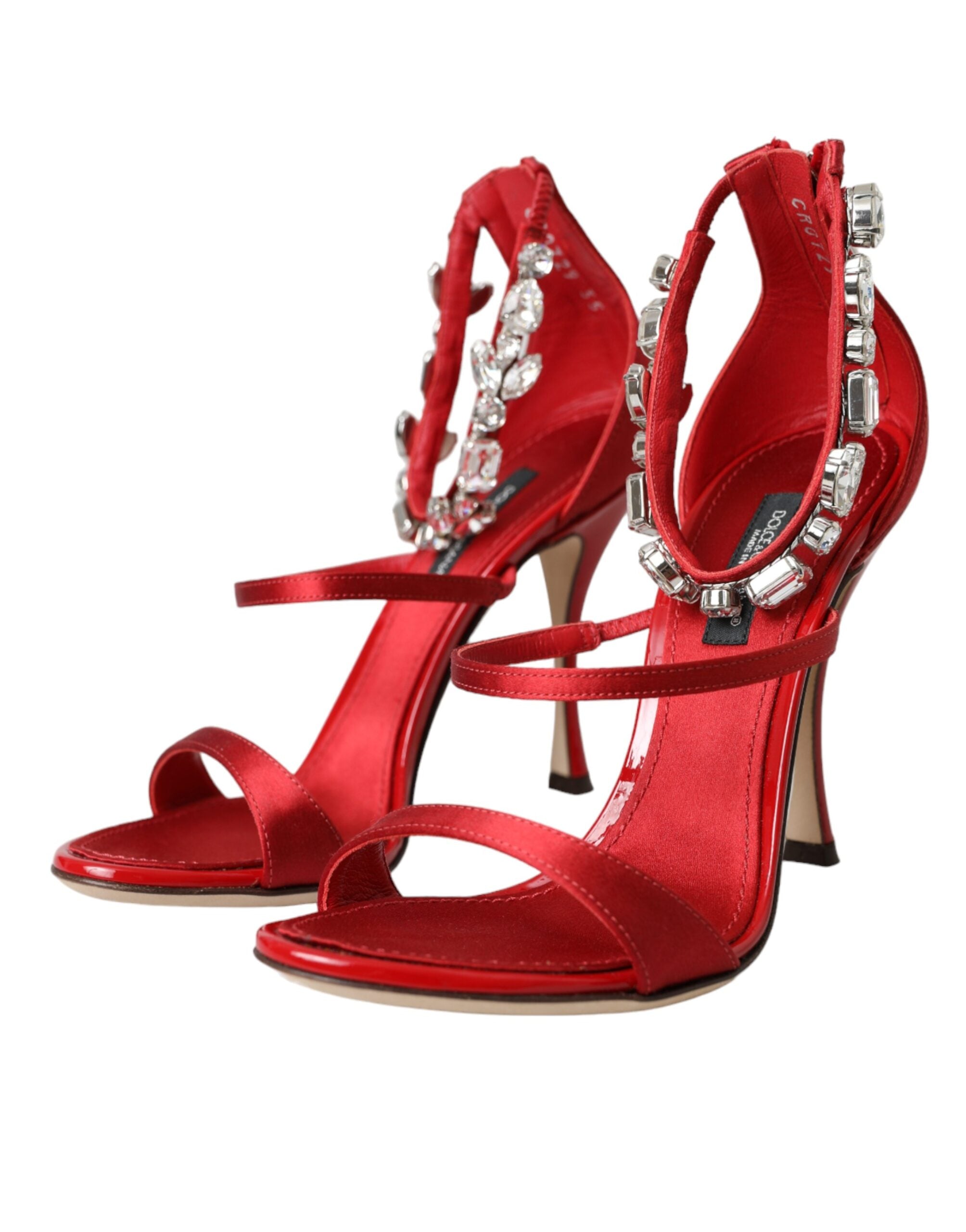 Red Keira Satin Crystals sandals heels by Dolce & Gabbana with satin straps and sparkling crystal embellishments.