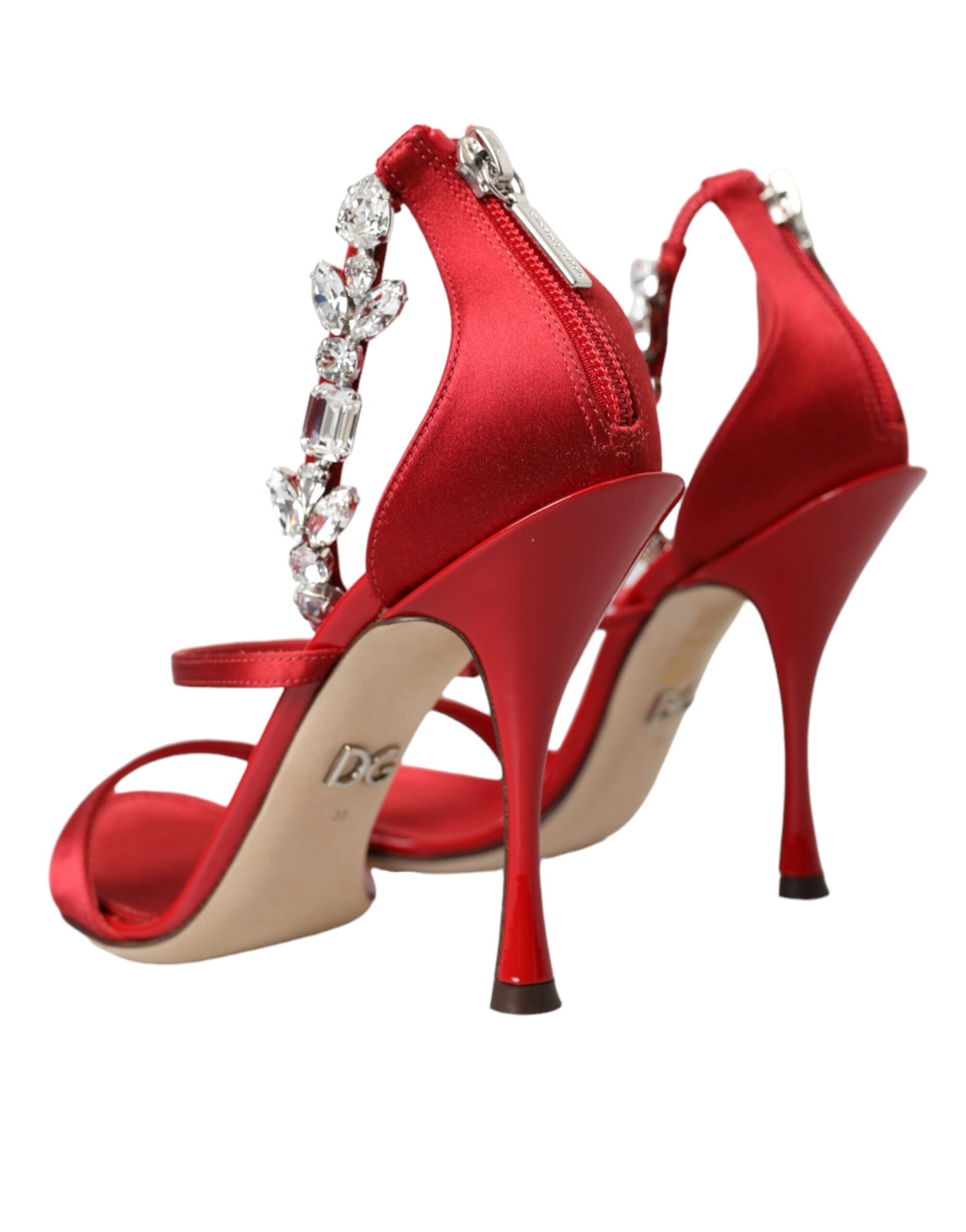 Red Keira Satin Crystals Sandals by Dolce & Gabbana featuring elegant heels and sparkling crystal embellishments.