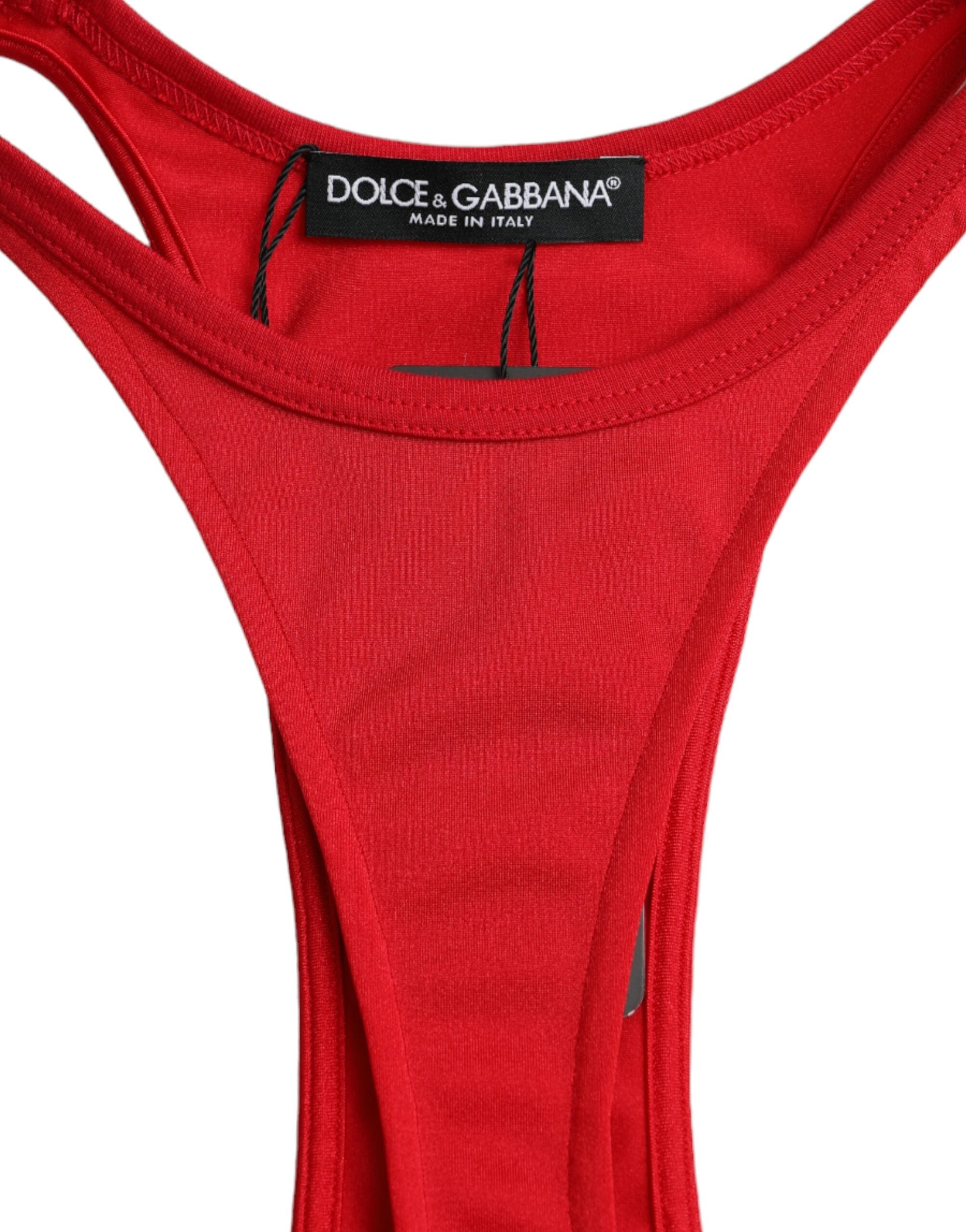 Red nylon stretch bodycon sheath mini dress by Dolce & Gabbana, form-fitting with a sleek, modern design.
